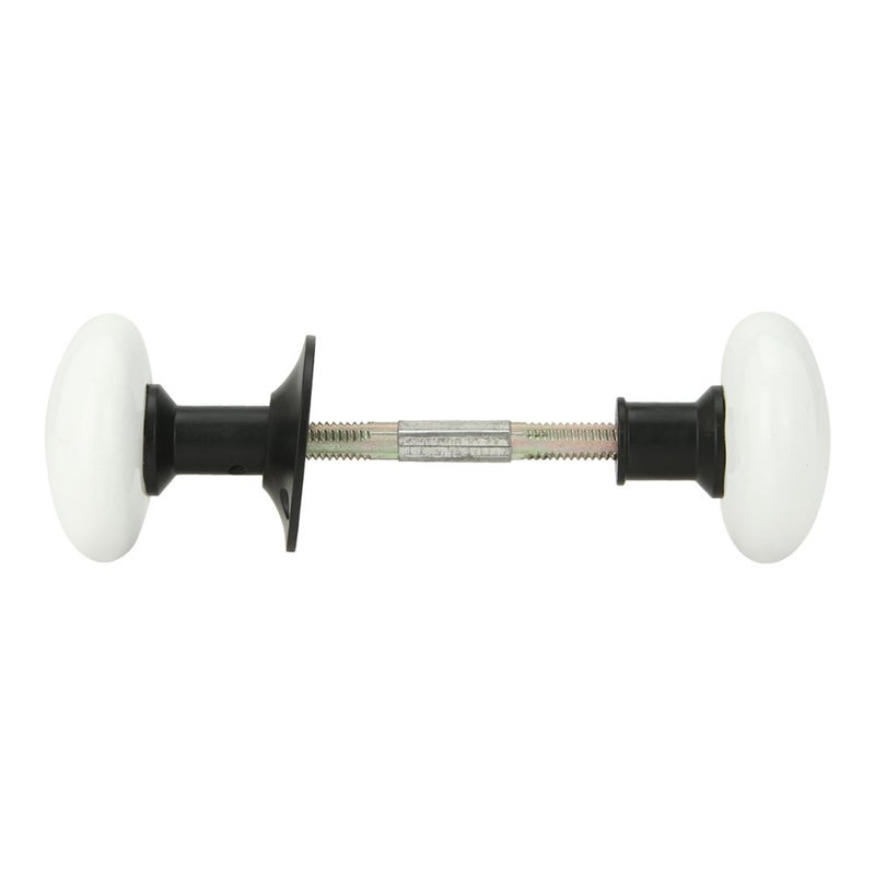 A29 Porcelain Rim Lock Door Knob Set â€“ 2 1/4" Diameter â€“ White Knobs, Black Powder Coat Finish, Spindle, Rosette & Hardware â€“ Vintage Interior Doors - Image 2